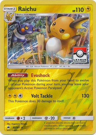 Raichu (41/147) (League Promo 4th Place) [Sun &amp; Moon: Burning Shadows] 